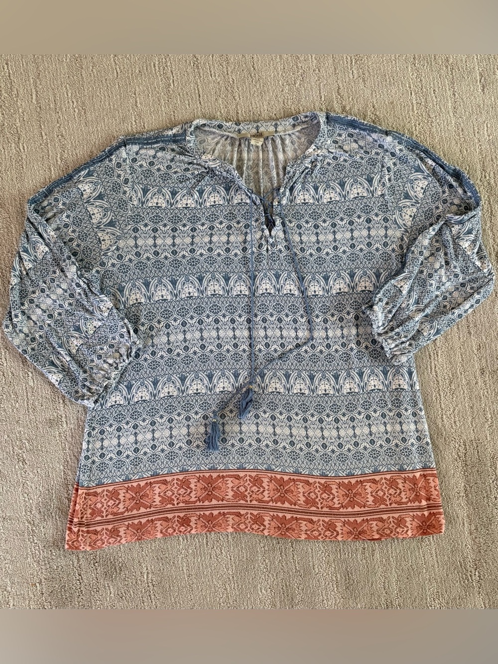 Vintage America Blues Boho Peasant Blouse 1X Blue Geometric Tassel Top Tunic